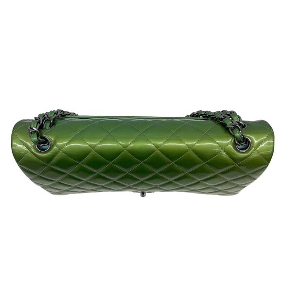 Authentic CHANEL CC Jumbo Patent Leather Classic Double Flap Bag Green Purse - Picture 11 of 16